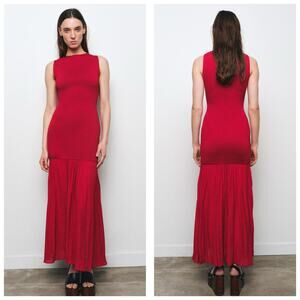 NWT Zara Red Long Combined Knit Dress Size Medium Maxi Stretch Wedding 4192/034